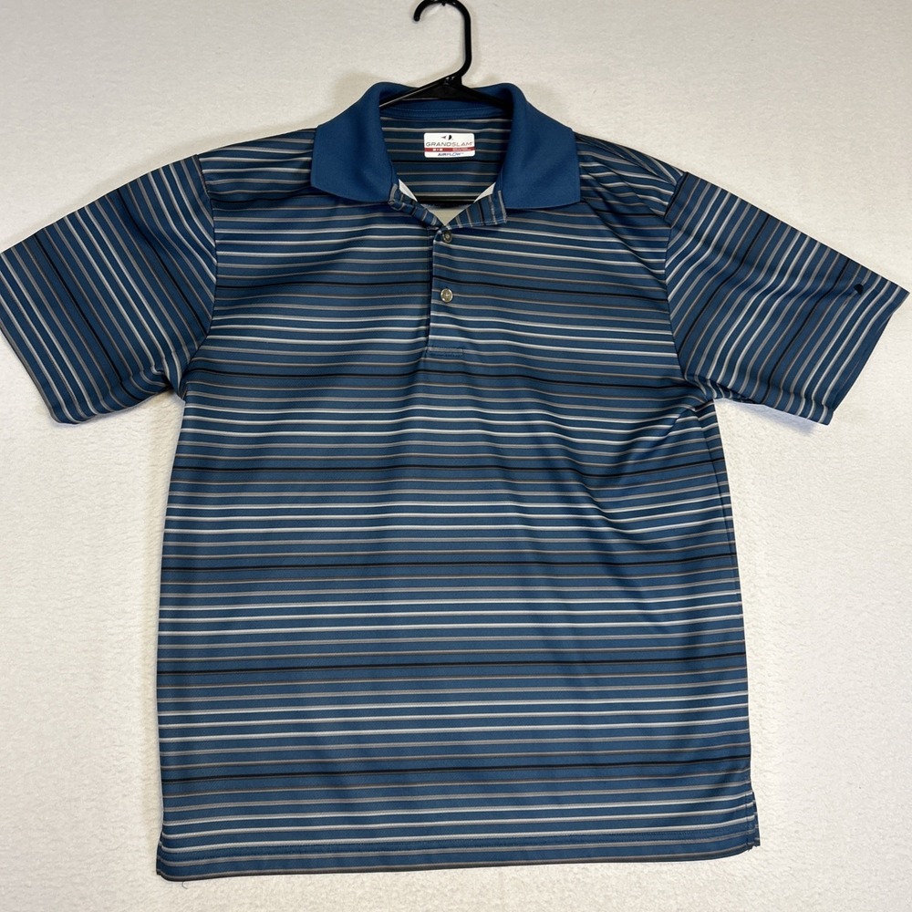 Grand Slam Mens Short Sleeve Striped Golf Polo Shirt Blue Medium Airflow